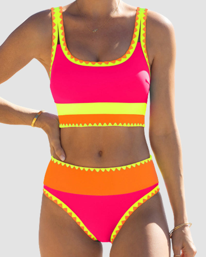 Contrast Patchwork Sporty 3-Piece Bikini Set