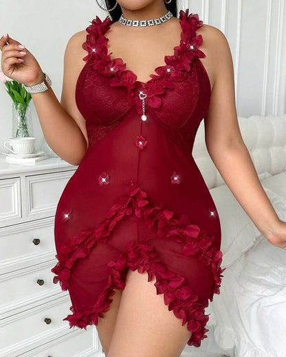 Sexy Plus Size V-Neck Spaghetti Strap Nightie with Backless Ruffles