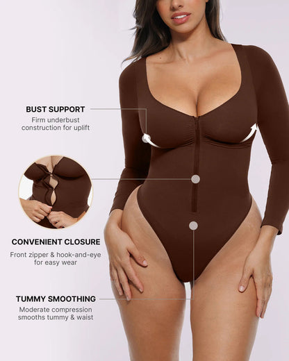 Long Sleeve Zipper Front Thong Bodysuit