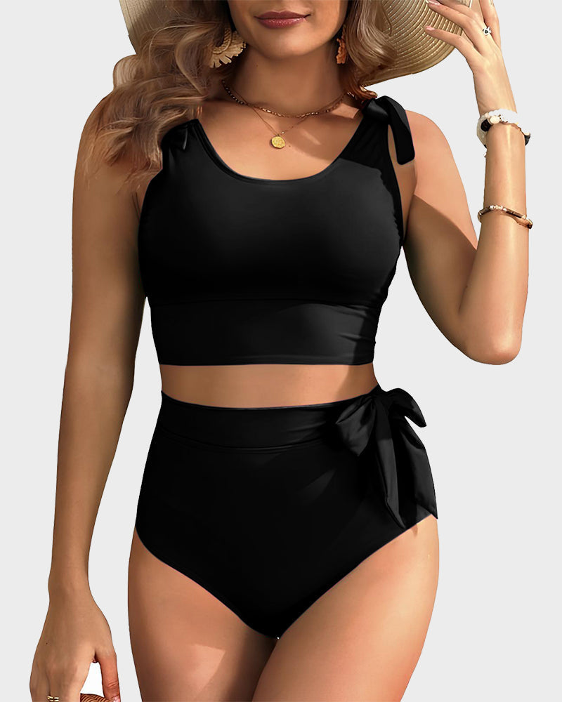 Double Tie Shoulder High Waist Tummy Control Bikini Set