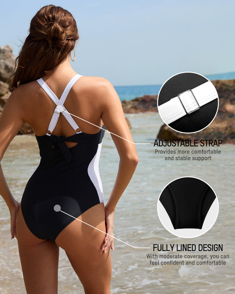Full Coverage Retro Color Block Swimwear