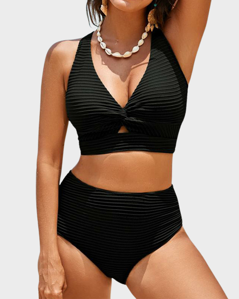 Textured Knot-Front High-Waisted Bikini Set