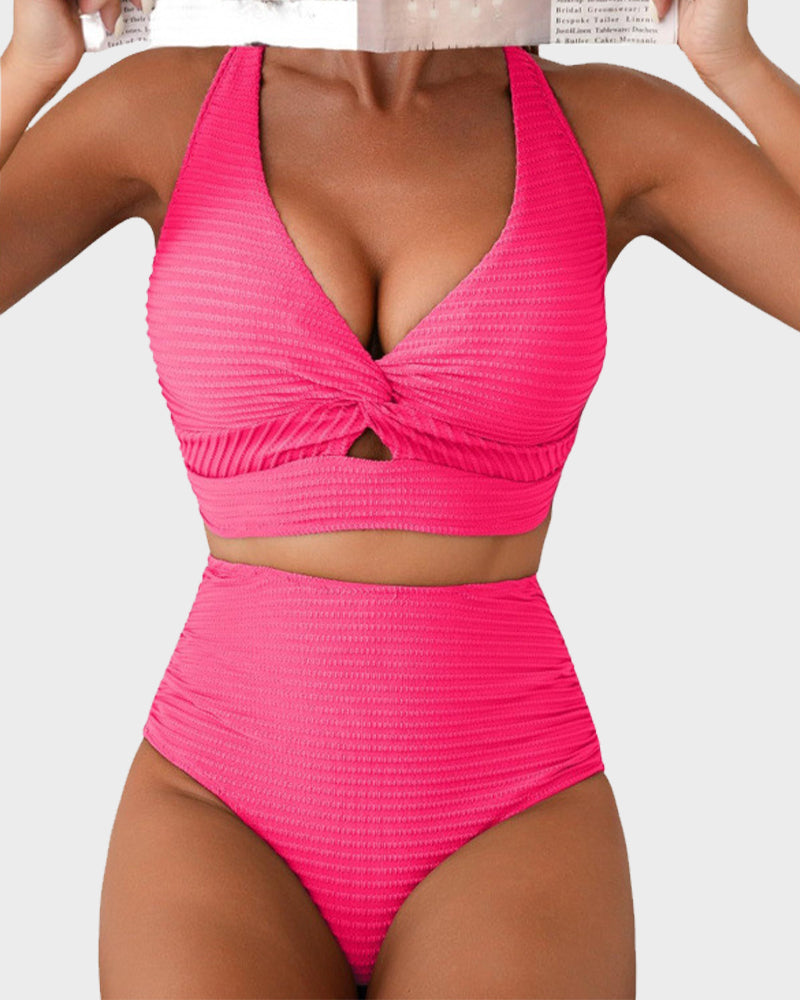 Textured Knot-Front High-Waisted Bikini Set