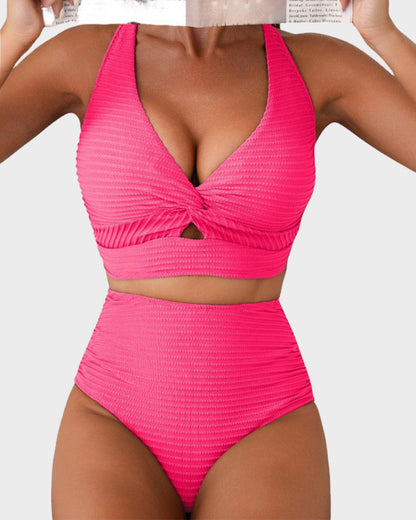Textured Knot-Front High-Waisted Bikini Set
